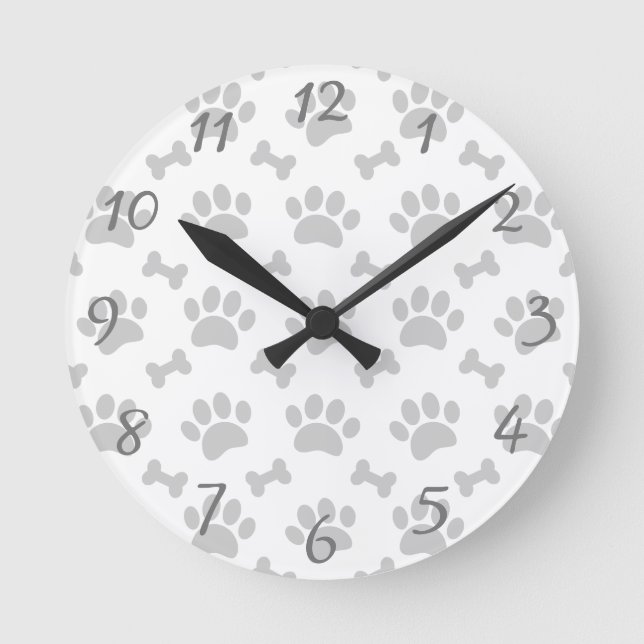 Grey Paws And Bones Pattern Round Clock (Front)