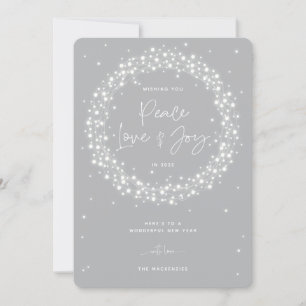 Grey Peace Love+Joy Sparkling Lights Christmas Holiday Card