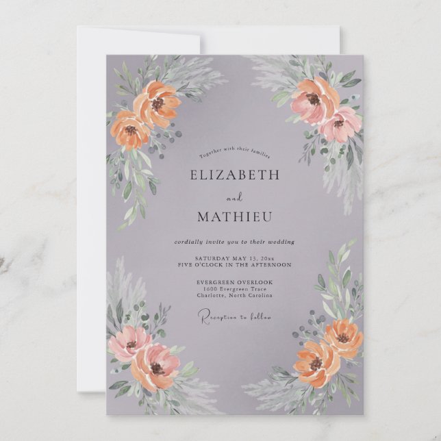 Grey Peach Floral Wreath Wedding Invitation (Front)