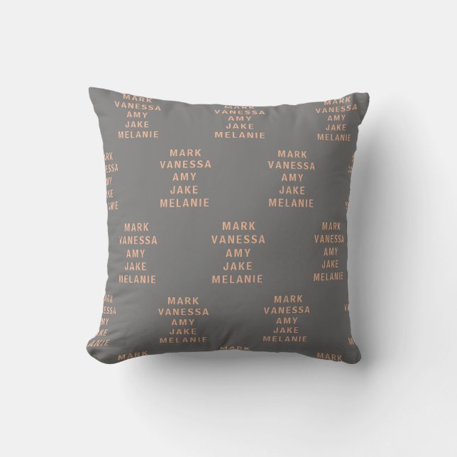 Grey Peach Modern Names Pattern Centred Throw Pillow (Front)