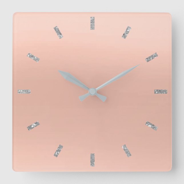 Grey Peach Pastel Skinny  Ombre Minimal Glitter Square Wall Clock (Front)