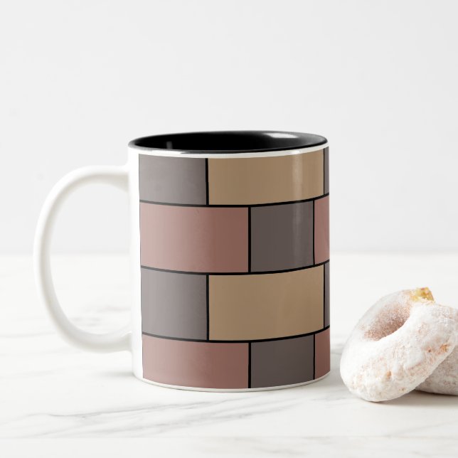 Grey Peach Pink Brick Wall Two-Tone Coffee Mug (With Donut)