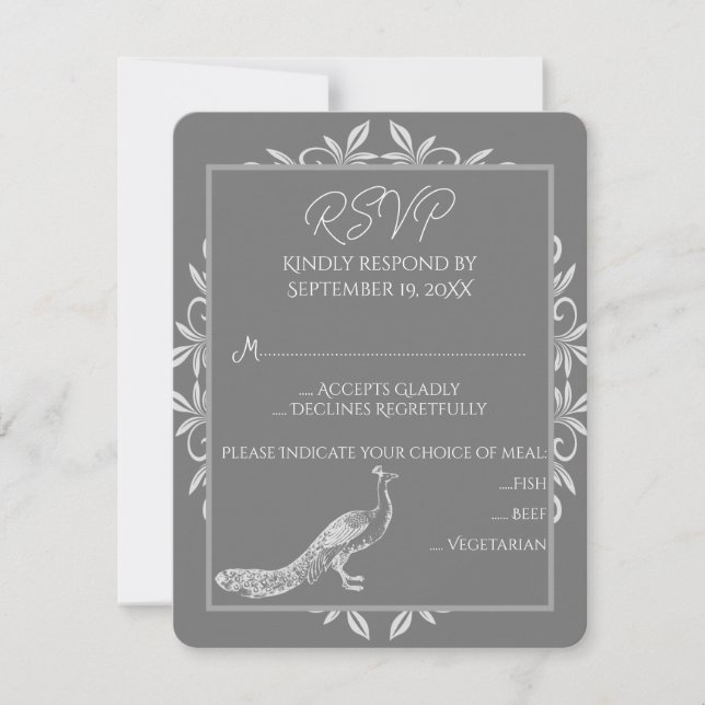Grey Peacock Flourish Wedding RSVP Card (Front)