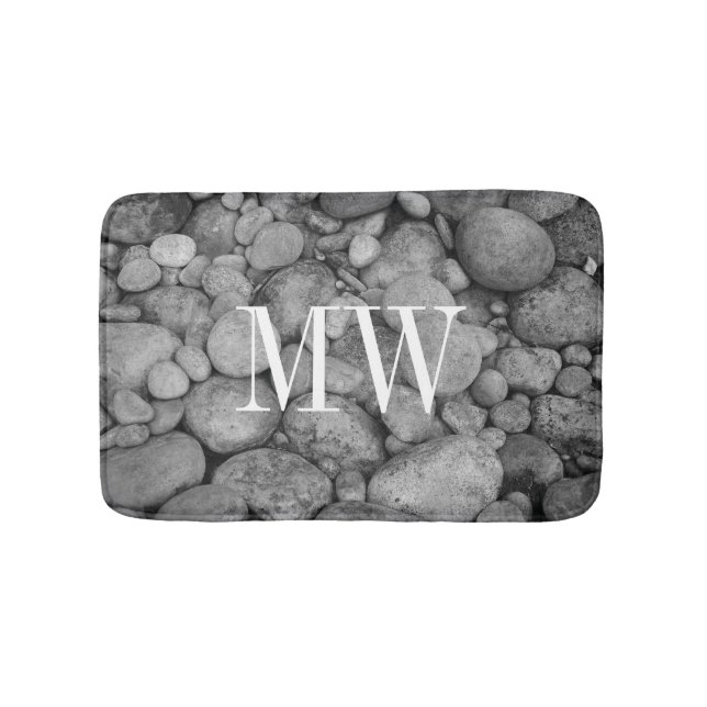 Grey pebble stone monogram non slip bath mat (Front)