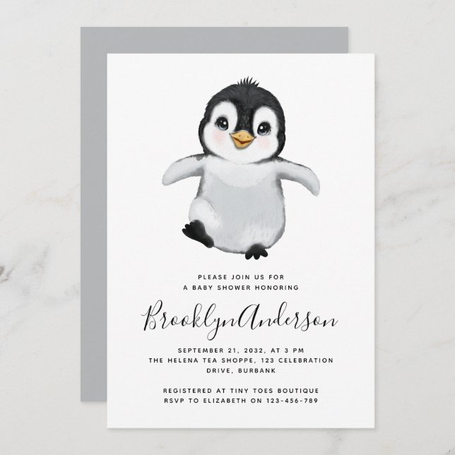 Grey Penguin Baby Shower Invitation (Front/Back)