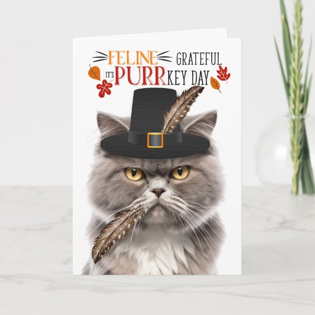 Grey Persian Cat Grateful for PURRkey Day Holiday Card (Front)