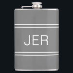 Grey Personalized Monogrammed  Initials Drink Hip Flask<br><div class="desc">Three Initial Monogrammed stainless steel flasks are timeless, classic and stylish. Our Unique design is the perfect personalized gift for that special occasion. Shop our integrated collection of coordinating colours and golf - sports accessories. Custom personal monogrammed initials are added to a grey background with white shadowed font and double...</div>