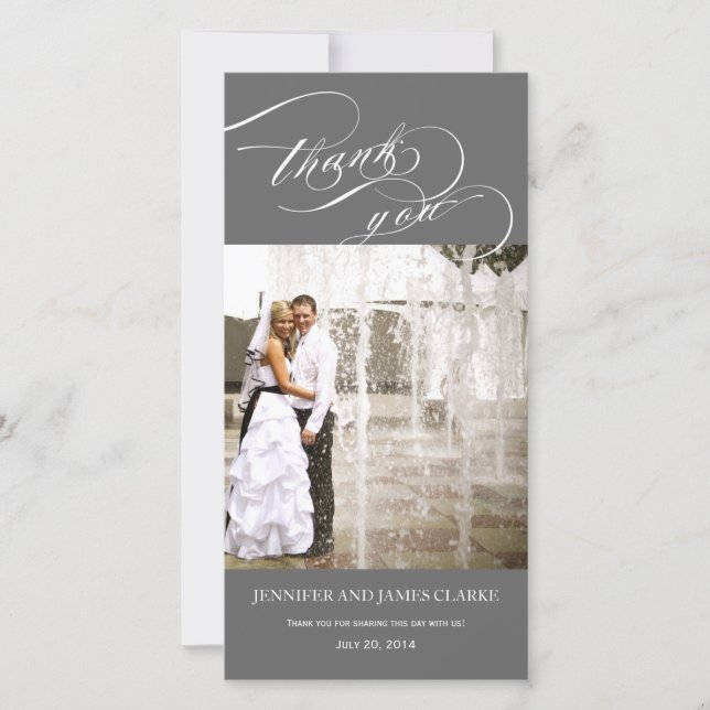Grey Personalized Script Photo Wedding Thank You Card (Front)