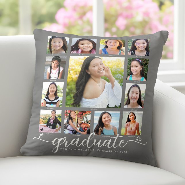 Grey Photo Collage Graduation K–12 Modern Script Throw Pillow (Creator Uploaded)