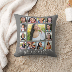 Grey Photo Collage Graduation K–12 Modern Script Throw Pillow
