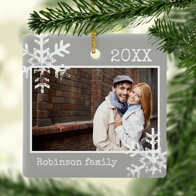 Grey Photo Ornament with Snowflakes (Rustic Snowflake holiday Christmas design that can be personalized and makes a perfect keepsake.)