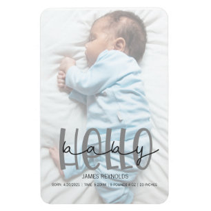Grey photo script birth annoucement card magnet