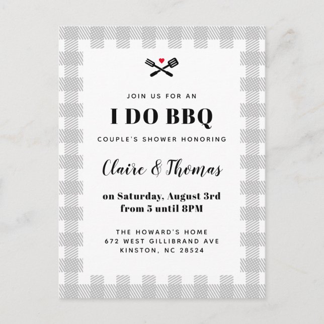 Grey Picnic Plaid Cloth I Do BBQ Invitation Postcard (Front)