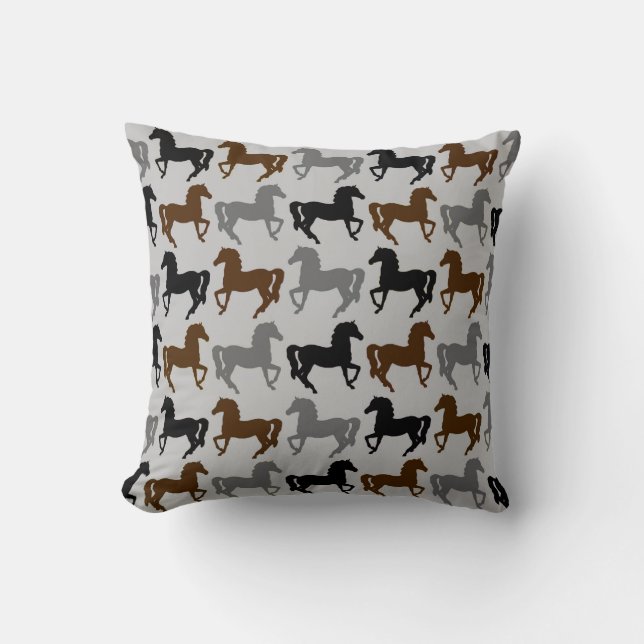 Grey Pillow: Black, Grey, Brown Horses Silhouettes Throw Pillow (Front)