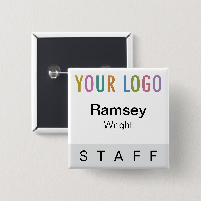 Grey Pinback Staff Badge Event Logo Square Name 2 Inch Square Button (Front & Back)