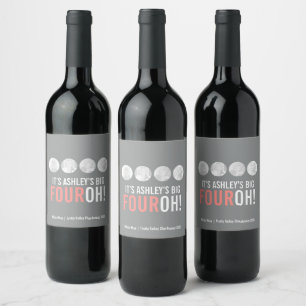 Grey pink 40th FOUROH! custom photo birthday Wine Label