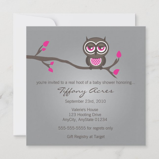 Grey, Pink and Brown Owl Invitation (Front)