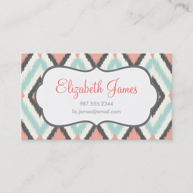 Grey Pink and Mint Tribal Ikat Chevron Business Card (Front)