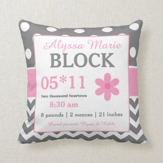 Grey Pink Baby Announcement Pillow