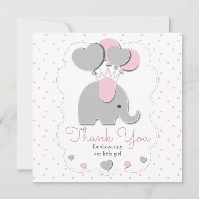 grey pink baby girl elephant thank you card (Front)