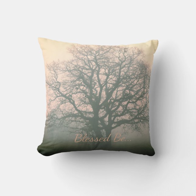 Grey / Pink Blessed Be Winter Oak Throw Pillow (Front)