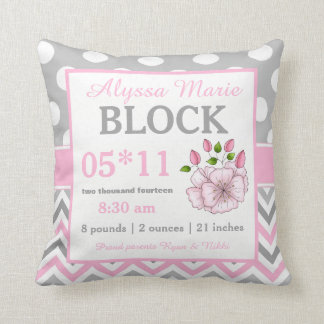 Grey Pink Blossom Baby Announcement Pillow