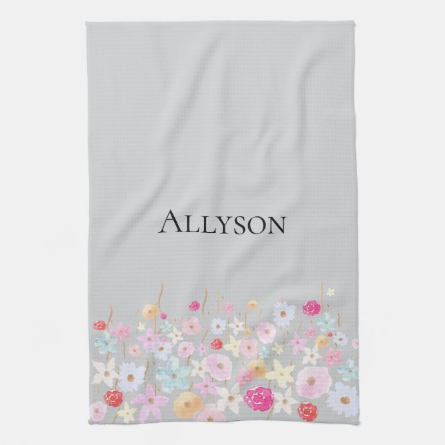 Grey Pink Blue Yellow Flowers Kitchen Towel (Vertical)