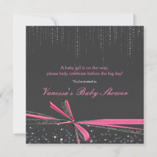 Grey & Pink Bow Rhinestone Baby Shower Invitations