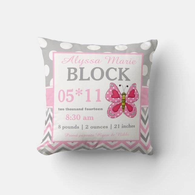 Grey Pink Butterfly Baby Announcement Pillow (Front)