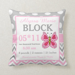 Grey Pink Butterfly Baby Announcement Pillow