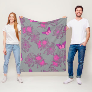 Grey Pink Butterfly Floral Fleece Blanket