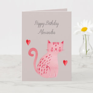 Grey Pink Cat Hearts Birthday Card