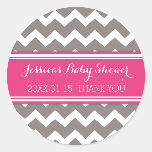 Grey Pink Chevron Baby Shower Favour Stickers (Front)