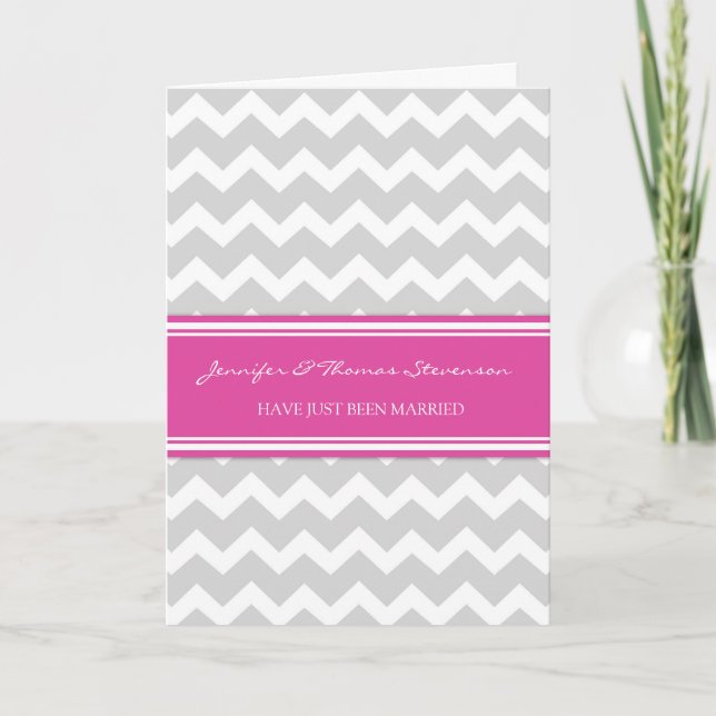Grey Pink Chevron Just Married Announcement Card (Front)