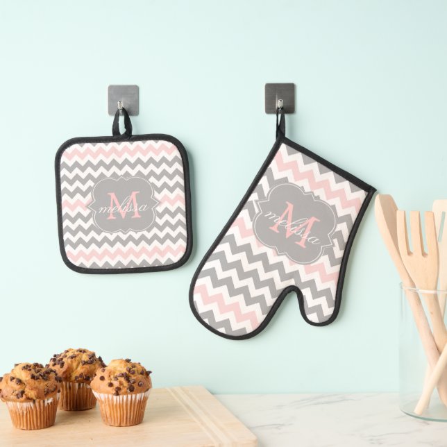 Grey Pink Chevron Monogram Potholder Set (Insitu(Hanging))