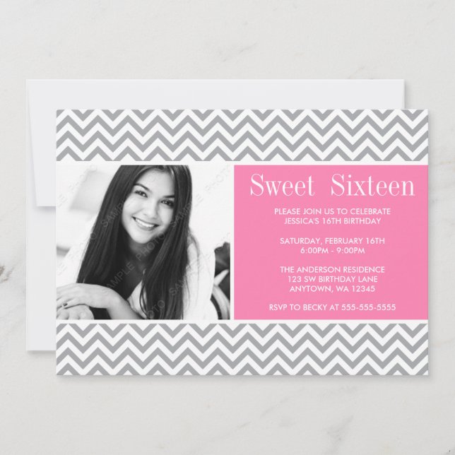 Grey Pink Chevron Sweet 16 Birthday Photo Invitation (Front)