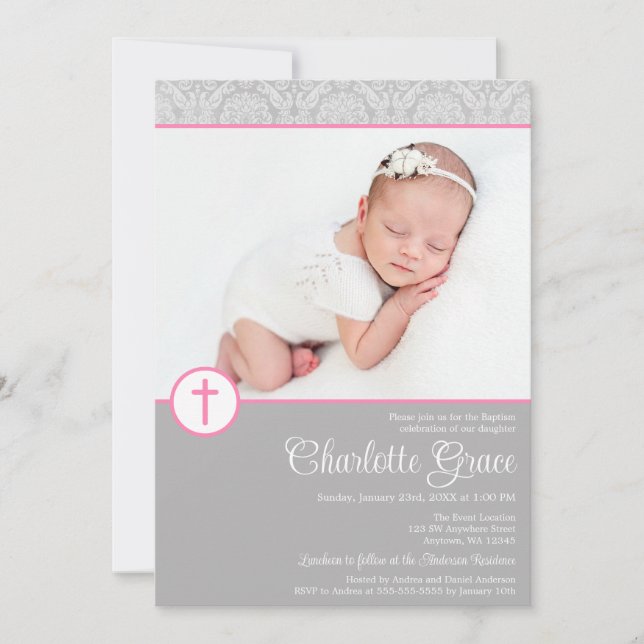 Grey Pink Damask Cross Girl Photo Baptism Invitation (Front)