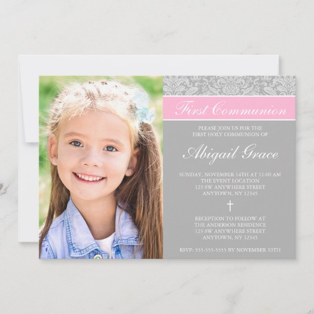Grey Pink Damask Girl Photo First Communion Invitation (Front)