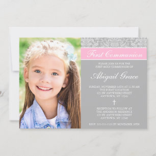 Grey Pink Damask Girl Photo First Communion Invitation