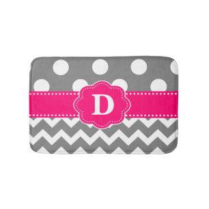 Grey Pink Dots Chevron Monogram Bathmat