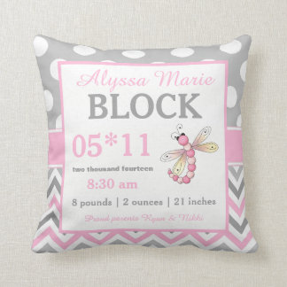 Grey Pink Dragonfly Baby Announcement Pillow