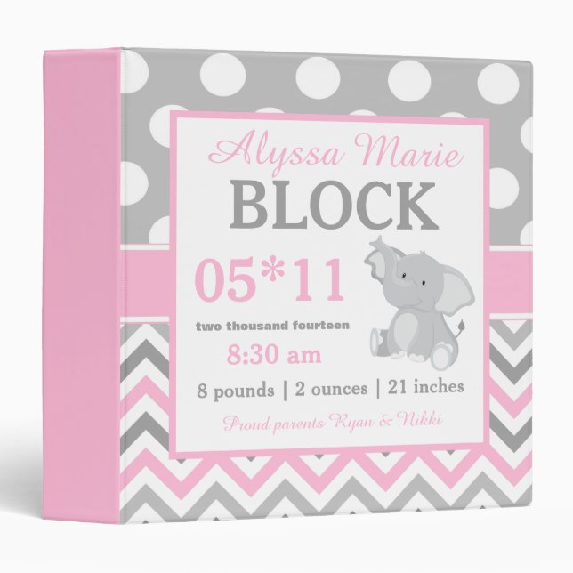 Grey Pink Elephant Baby Announcement Binder (Front/Spine)