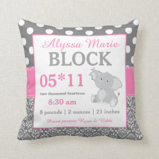 Grey Pink Elephant Baby Announcement Pillow