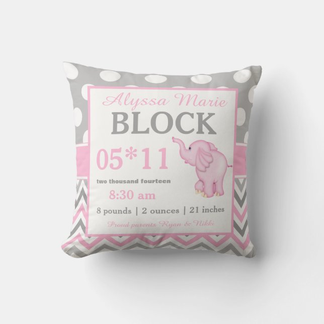 Grey Pink Elephant Baby Announcement Pillow (Front)