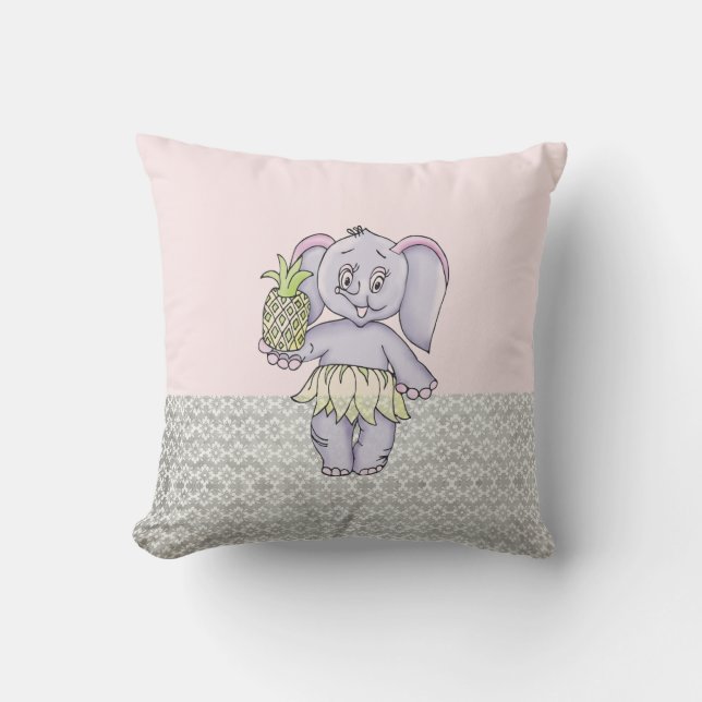 Grey Pink Elephant Girl Modern Baby for Kids Throw Pillow (Front)