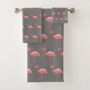 GREY PINK FLAMINGO PATTERN BATHROOM TOWEL SET