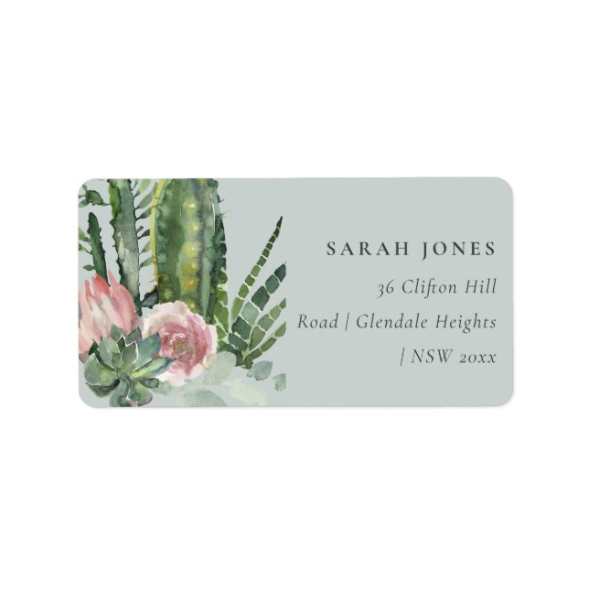 GREY PINK FLORAL CACTI FOLIAGE WATERCOLOR ADDRESS LABEL (Front)