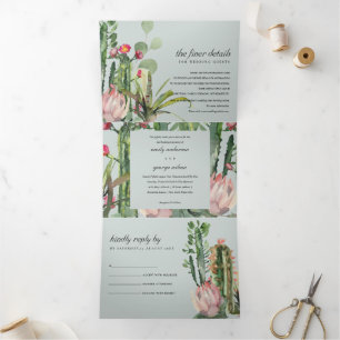 GREY PINK FLORAL CACTI FOLIAGE WATERCOLOR WEDDING Tri-Fold INVITATION