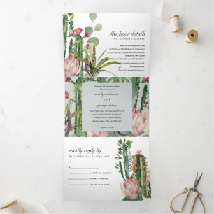 GREY PINK FLORAL CACTI FOLIAGE WATERCOLOR WEDDING Tri-Fold INVITATION