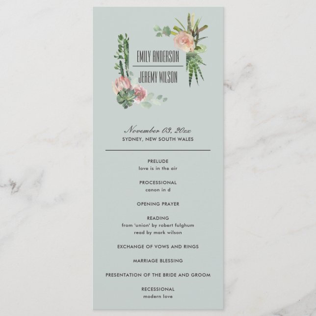 GREY PINK FLORAL CACTI  WEDDING CEREMONY PROGRAM (Front)
